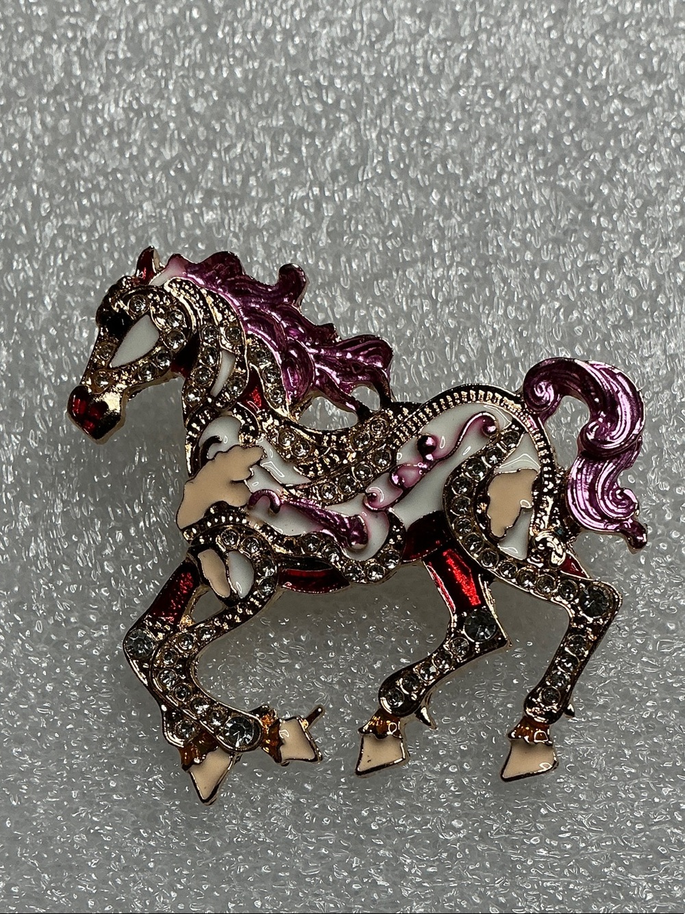 Source Unknown Pink and White Horse Brooch with Rhinestones